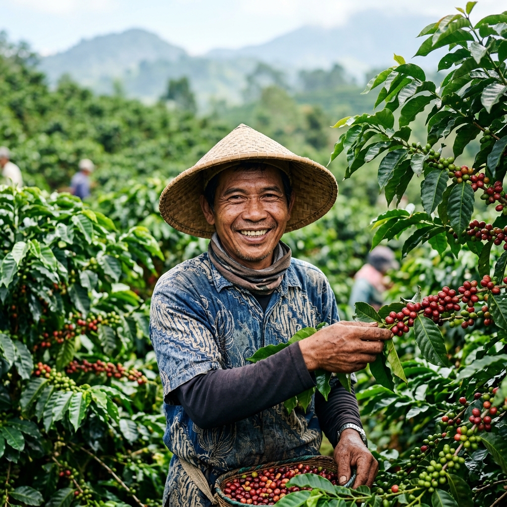 Indobeans coffee farmer harvesting cherries
